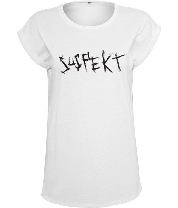 Hvid kvinde t-shirt med stort, sort suspekt logo på brystet